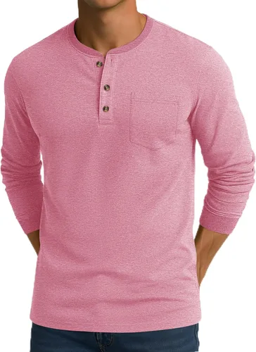 Vista 9 de CRYSULLY Camisa de manga larga para hombre, de algodón, con bolsillo de 3 botones, camisetas casuales elegantes ligeras tipo pullover