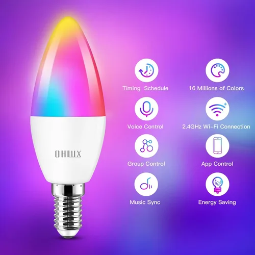 Vista 2 de OHLUX Bombilla LED E12, bombillas LED inteligentes para candelabros de 5 W, equivalente a 40 vatios, bombilla que cambia de color RGB compatible