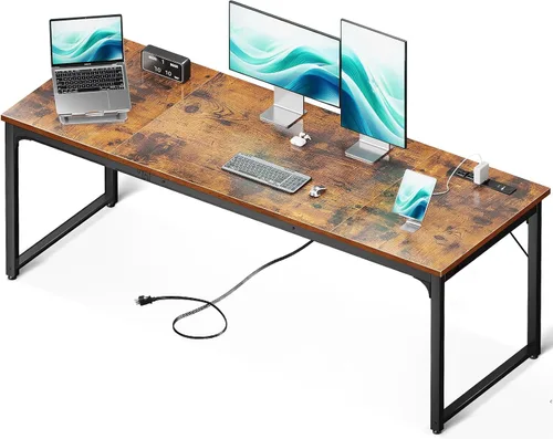 Vista 13 de Coleshome Escritorio para computadora de 71 pulgadas con puertos USB, escritorio de oficina grande, escritorio de estudio largo para estudiantes