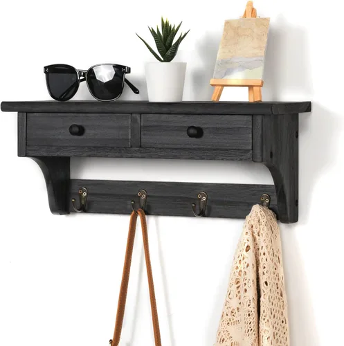 Vista 2 de Emfogo - Ganchos de pared de madera con estilo rústico, montados en la pared, con 4 ganchos y estante para entrada, cuarto de servicio, dormitorio