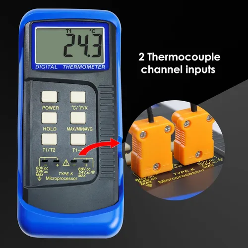 Vista 6 de Termómetro de termopar digital tipo K de doble canal Termómetro HVAC Medidor de temperatura con 4 termopares, medición de temperatura MAX/MIN/PROM