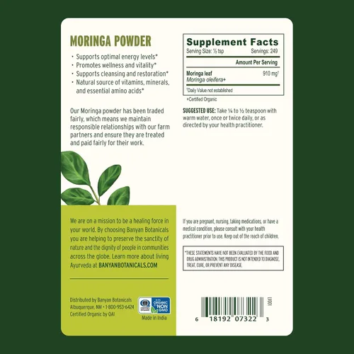 Vista 4 de Banyan Botanicals Moringa en polvo orgánico – Moringa Oleifera – Superalimento en polvo y fuente natural de vitaminas y minerales* – 1/2 lb – Vegano