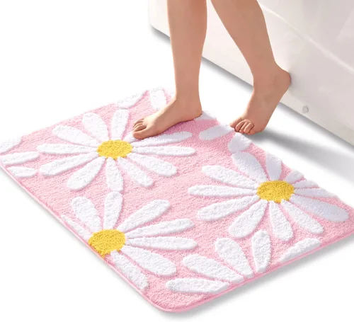 Vista 11 de QJHOMO Alfombra de baño beige con diseño de margaritas, decoración de flores blancas y amarillas, alfombra antideslizante de microfibra, súper