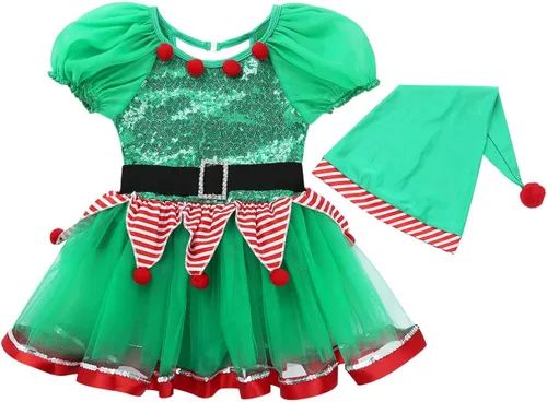 Vista 6 de zdhoor Disfraz de elfo de Navidad para niños y niñas vestido de fiesta de Navidad lentejuelas para cosplay trajes festivos