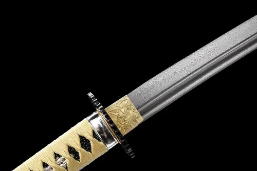 Vista 8 de Katana de acero de Damasco hecha a mano, espiga completa, afilada, auténtica, japonesa, samurái, oro negro, 41 pulgadas