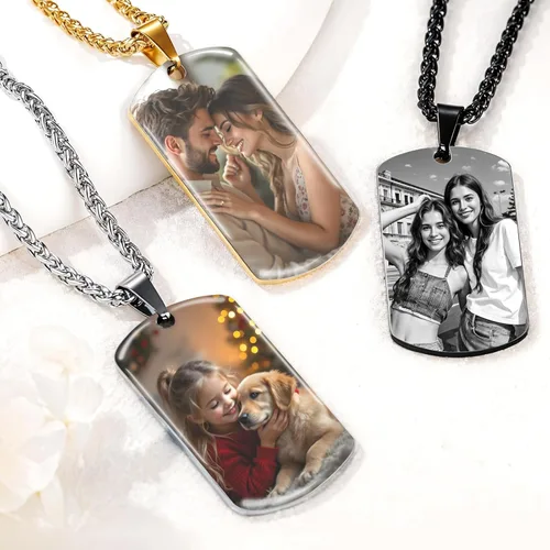 Vista 5 de Collar con Foto Personalizada, Collar Personalizado para Hombres, Collar Grabado Personalizado con Foto y Texto, Regalos Conmemorativos
