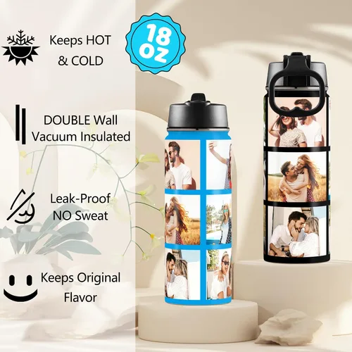 Vista 3 de Botella de agua personalizada con foto y pajita, 18 oz/32 oz, botella de agua deportiva de acero inoxidable personalizada con 1-9 imágenes, nombre