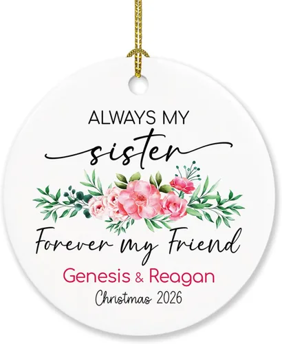 Vista 17 de Sister are Joined - Adorno de Navidad de corazón a corazón, adorno de Navidad personalizado con nombre de hermana, regalo para dos hermanas, adorno