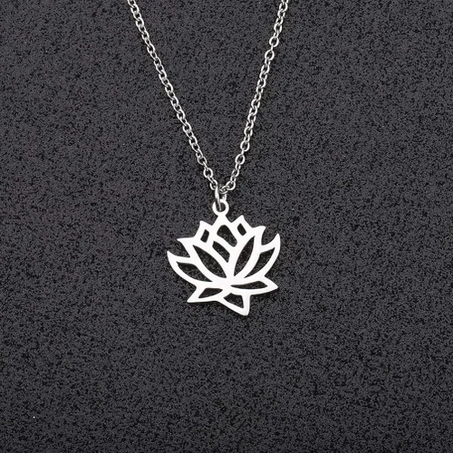Vista 2 de Collar con colgante de flor de loto de acero inoxidable, joyería de yoga, regalo inspirador para ella, Acero inoxidable