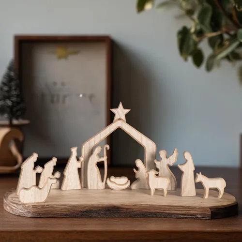 Vista 4 de NEROSUN - Juego de escenas de la Natividad, 13 figuras de madera en miniatura de la Sagrada Familia y el pesebre, figuras minimalistas, bohemias