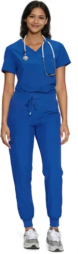 Vista 12 de floralhue Conjunto de ropa quirúrgica para mujer con cuello en V y Negro
