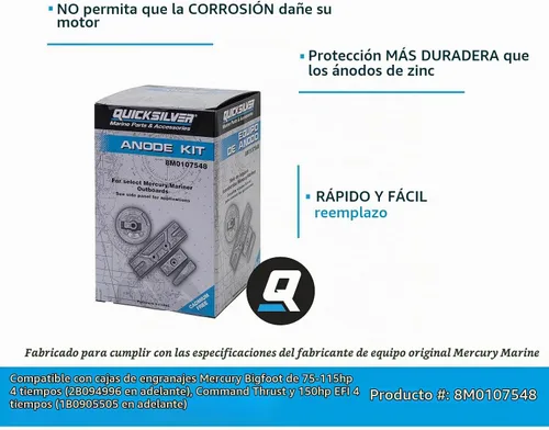 Vista 2 de Quicksilver 8M0107548 Kit de ánodos de aluminio para fuerabordas selectas Mercury 75-150 Hp