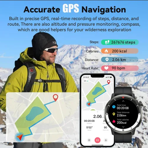 Vista 2 de Reloj inteligente para hombres, reloj inteligente con GPS, rastreador de actividad física con monitor de frecuencia cardíaca/sueño, podómetro