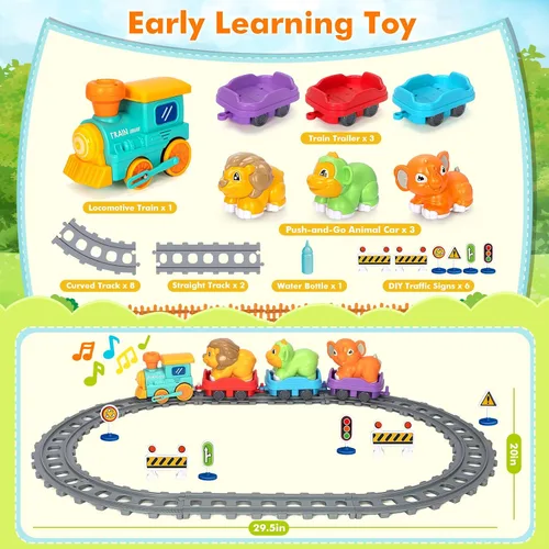 Vista 2 de Juego de tren eléctrico para niños pequeños, juguetes realistas de tren de vapor para niños con vías, juguetes de animales para niños pequeños de 1