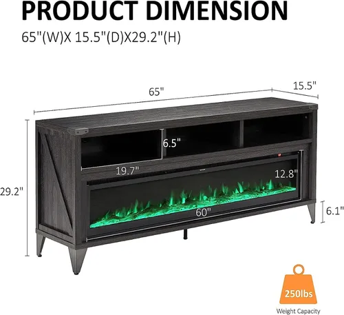 Vista 4 de AMERLIFE Soporte de TV con Chimenea de 65" con Chimenea Eléctrica de Cristal de 60", Centro de Entretenimiento Multimedia Industrial