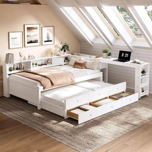 Vista 10 de Harper & Bright Designs Sofá cama de tamaño individual con cajones, sofá cama de madera para dormitorio, sala de estar, plataforma de madera
