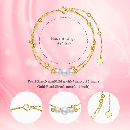 Vista 5 de Pulseras de perlas de oro de 14 quilates para mujer, pulsera de doble cadena de oro macizo con perlas cultivadas de agua dulce, joyería