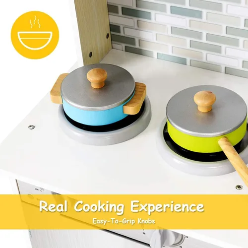 Vista 6 de ARLIME Juego de cocina para niños, cocina de juguete de madera con fregadero extraíble, microondas, utensilios de cocina, armario de almacenamiento