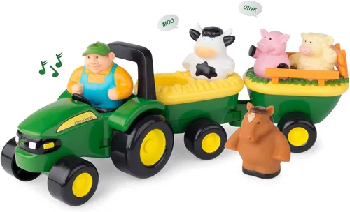 Vista 7 de TOMY John Deere Animal Sounds Hayride Juguete Musical de Tractor - Juguetes Musicales de Paseo en Carro de Heno para Niños Pequeños - Incluye Figura