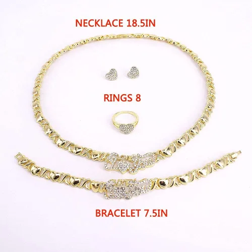 Vista 2 de Juego de joyas para mujer Hugs & Kisses XOXO Corazones 4 piezas collar I Love You Charm incluye collar pulsera anillo pendientes chapado en oro