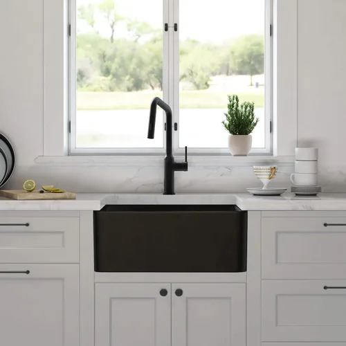 Vista 3 de KIBI Pure - Fregadero de cocina de arcilla refractaria de 24 pulgadas, diseño frontal de delantal de un solo tazón, acristalamiento resistente al
