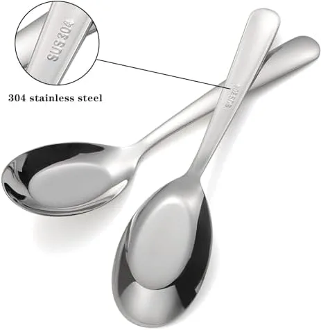 Vista 2 de Cucharas de sopa de acero inoxidable Juego de 12 cucharas de cena de mango largo, cuchara de sopa asiática plateada para Ramen Thai Miso