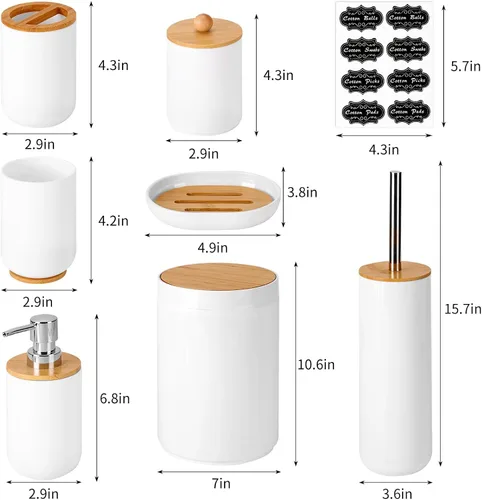 Vista 2 de Fixwal Accesorios de baño de bambú, juego de accesorios de baño de 8 piezas con basura, soporte para cepillo de dientes, dispensador de jabón