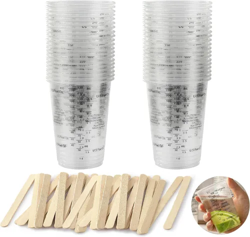 Vista 8 de Little Cook - 40 tazas medidoras para mezclar, desechables de resina de plástico transparente de 8 onzas con 40 palitos de madera para mezclar