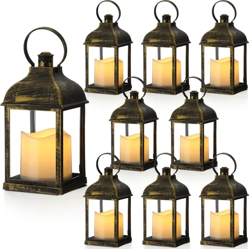Vista 7 de 8 faroles decorativos de bronce oscuro de 10 pulgadas a granel para centros de mesa de boda, faroles de bronce con vela LED sin llama
