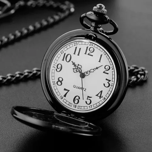 Vista 5 de Reloj de bolsillo negro liso para hombre, esfera digital árabe de cuarzo con cadena, reloj de bolsillo para hombre, Gris, Moda
