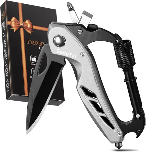 Vista 8 de Mosquetón multiherramienta con cuchillo de bolsillo, abrebotellas, rompevanas, destornilladores, equipo de supervivencia táctico EDC para acampar