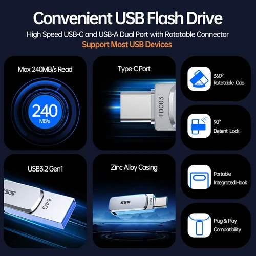 Vista 2 de SSK Unidad flash USB dual de 64 GB, USB C Thumb Drive, hasta 240 MB/s Tipo-C y USB-A 3.2 FlashDrive Memory Stick, Zinc Pendrive para iPhone