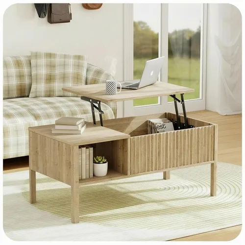 Vista 10 de Mesa de centro con parte superior acanalada para sala de estar, mesa de centro pequeña con almacenamiento de elevación hidráulica, gran capacidad