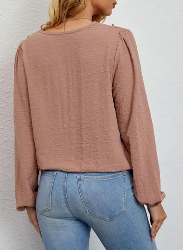 Vista 3 de LOLONG - Blusas de manga cortalarga, cuello en V y gasa, camisas de encaje con pompones, de estilo informal.