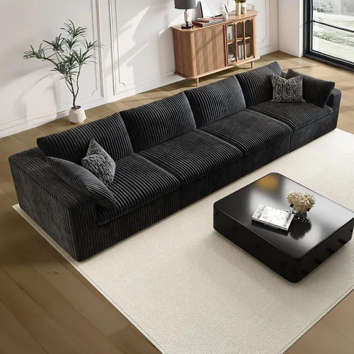 Vista 65 de 118" Cloud Couch Oversized Modular Sectional Sofa, Boneless L-Shaped 6 Seater Deep Seat Couch with Ottoman, Soft Corduroy Upholstery, DIY Negro
