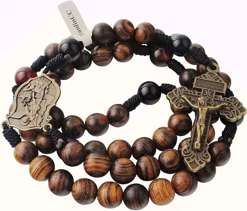Vista 7 de HanlinCC Cuentas de madera maciza hechas a mano de 0.394 pulgadas con piedra de ágata, collar de rosario católico para hombres con pieza central