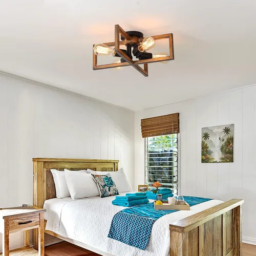 Vista 6 de KEESFU Lámpara de techo retro semiempotrada de 4 luces, con acabado de grano de madera de granja, iluminación rústica para dormitorio, sala