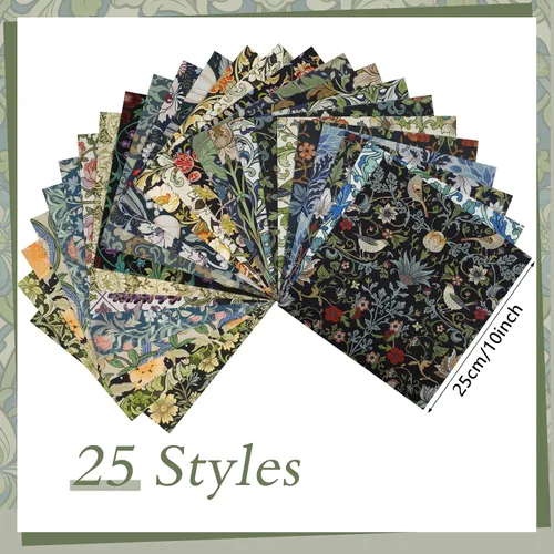 Vista 3 de 25 cuadrados de tela de algodón William Morris, 10 x 10 pulgadas, diseño Algodón precortado, 25 patrones florales vintage surtidos, para acolchar
