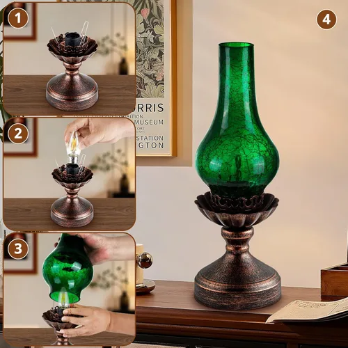 Vista 7 de Lámpara de mesa vintage con pantalla de cristal agrietado verde, control táctil y regulable de 3 vías, lámpara de noche rústica retro
