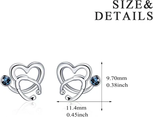 Vista 6 de AOBOCO - Aretes tipo dormilona de plata esterlina con forma de estetoscopio y piedras natales de imitación, joyería fina para regalo enfermero