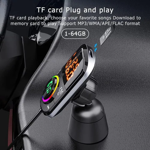 Vista 5 de Transmisor FM Bluetooth para coche, Bluetooth para Carro/adaptador de audio con cargador de coche dual, compatible con doble pantalla digital