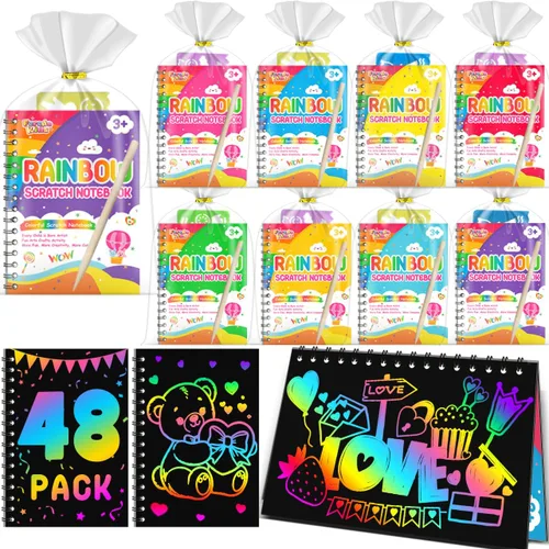 Vista 19 de Recuerdos de fiesta para niños: paquete de 4 cuadernos de arte de rascar arcoíris para estudiantes, regalos a granel para aula para niñas y niños