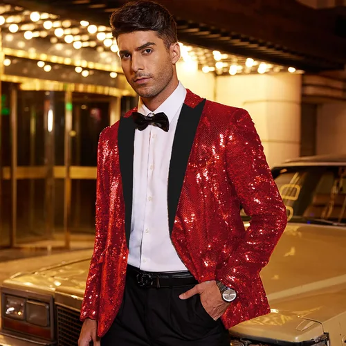 Vista 2 de Coofandy Chaqueta de traje de lentejuelas brillante Blazer de un botón de esmoquin para fiesta, boda, banquete, baile de graduación