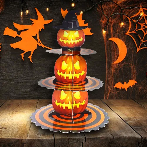 Vista 3 de Soporte para cupcakes de Halloween de 3 niveles para mesa de postre, torre de calabaza, bandeja de cartón naranja para 24 cupcakes, decoraciones
