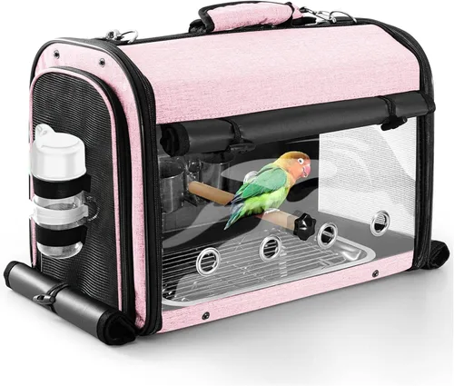 Vista 9 de Bolsa transportadora de pájaros jaula de viaje para pájaros con soporte, transportador de pájaros pequeño para loro, bolsa de viaje portátil