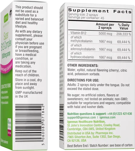 Vista 6 de Igennus Complejo Triple de Vitamina B12 5000mcg, Spray Sublingual Líquido, 45 Porciones, Metilcobalamina Metilada, Adenosilcobalamina e