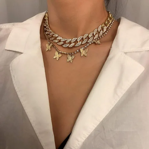 Vista 3 de Denifery - Collar con cadena de eslabones cubanos con mariposa gargantilla con colgante para mujer hip hop gargantilla punk joyería para mujeres