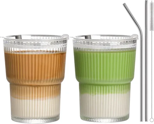 Vista 10 de Vaso reutilizable de 13 onzas para café helado con tapas, vaso transparente para agua, paquete de 2 vasos de vidrio con popote y tapa, vaso