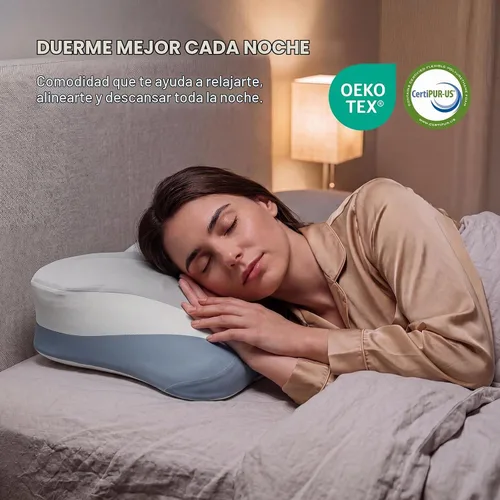 Vista 8 de OLIXIS Almohada cervical de contorno para aliviar el dolor de cuello, ergonómica de doble altura Gris y azul