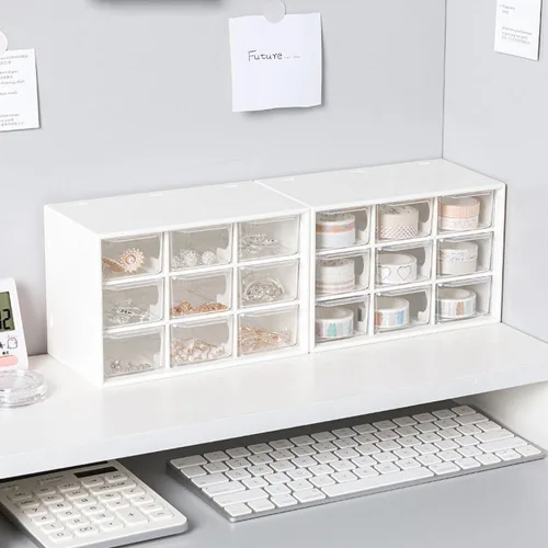 Vista 7 de Mini organizador de almacenamiento de plástico y bonitas calcomanías, mini organizador de cajones con 9 fundas de manualidades, organizador